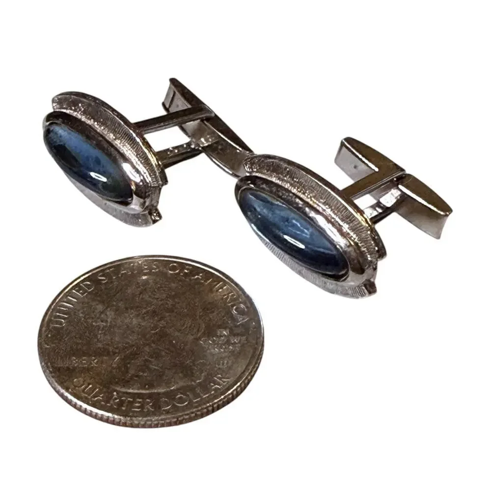 Vintage Cufflinks Mens Oval Silver Tone Blue Glass Jewel Formal Workwear